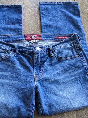Lucky Brand, Medium Wash Low Rise Distress Sweet N' Crop Blue Jeans, Size 4, 27